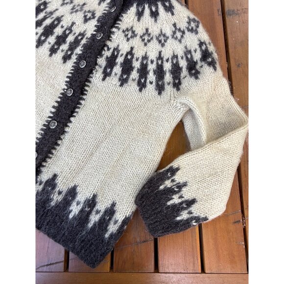 70s Cardigan Sweater Wool Mohair Ivory Brown Nordic Islandic 1970s Fair Isle - Picture 2 of 16